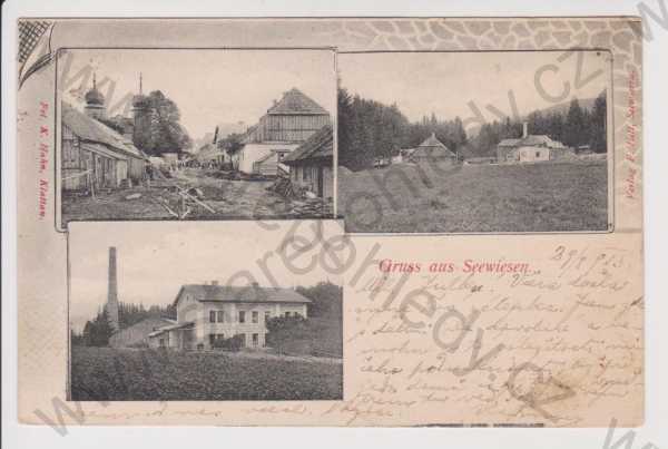  - Javorná (Zejbiš / Seewiesen) - střed obce, továrna, koláž, DA