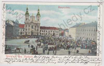  - Uherské Hradiště (Ung. Hradisch), náměstí, kostel, trh, kolorovaná, DA