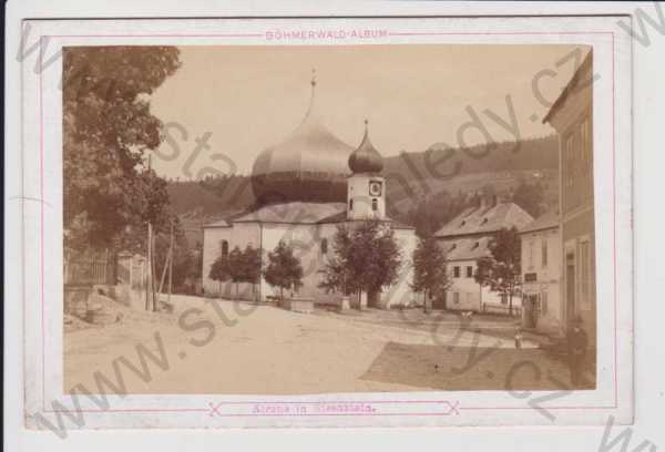  - Železná Ruda (Eisenstein) - kostel, velký formát,  Šumava, vydáno cca 1880, tvrdá karta, celoplošně nalepeno, Kopecký Vimperk