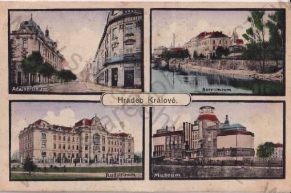  - Hradec Králové (Königgrätz) - více pohledů, Adalbertinum, Borromeum, Rudolfinum, Muzeum, kolorovaná, litografie, K.K.Co.