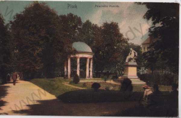  - Písek, Palackého pomník, park, litografie, kolorovaná