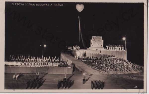  - Sokol - X. slet všesokolský v Praze, 1938, Biografický odbor, Sletová scéna: Budovat a chránit