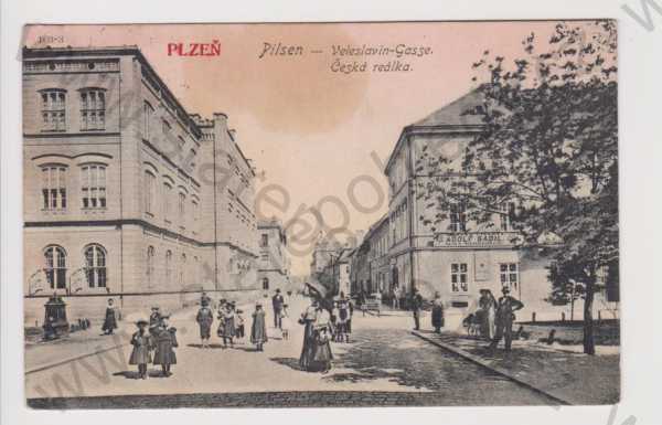  - Plzeň - škola - česká reálka, Veleslavin-Gasse, obchod s vínem Adolf Sadil