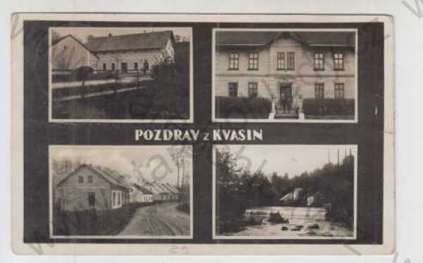  - Kvasiny (Rychnov nad Kněžnou), více záběrů, škola, pohled ulicí, řeka, splav, Bromografia