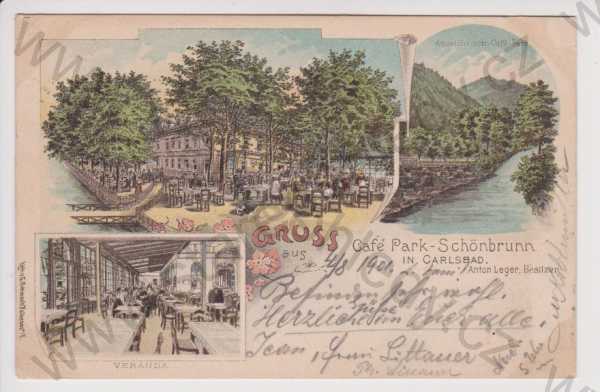  - Karlovy Vary (Karlsbad) - Café Park - Schönbrunn, celkový pohled, veranda, litografie, kolorovaná, koláž, DA