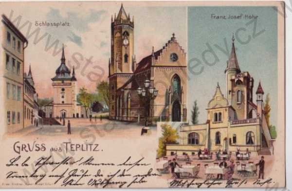  - Teplice - Teplitz-Schönau, více záběrů: rozhledna Letná, náměstí, kostel, kresba, barevná, DA