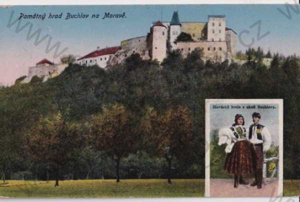  - Buchlov (Uherské Hradiště) hrad, litografie, kolorovaná, Slovácké kroje