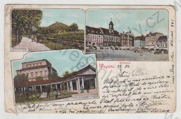  - Teplice (Teplitz), více záběrů, Schlossberg, náměstí, trh, kolonáda, divadlo, kolorovaná, DA