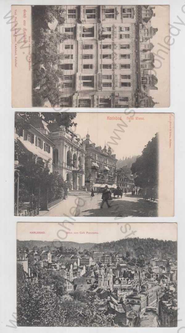  - 3x Karlovy Vary (Karlsbad), Haus Aesculap, pohled ulicí, kůň, kočár, panorama, částečný záběr města