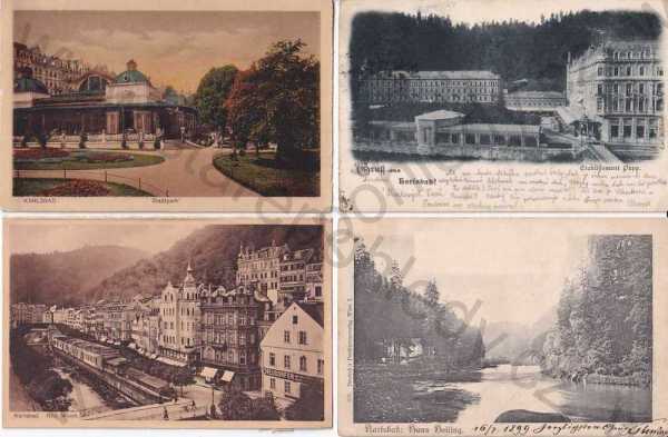  - Karlovy Vary - Karlsbad, 4 ks, hotel Pupp, park, partie u řeky, Stará louka