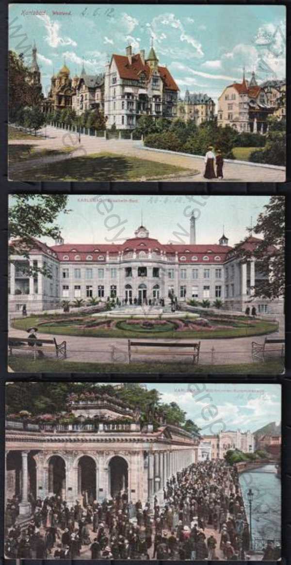  - 3x Karlovy Vary (Karlsbad), barevná, pohled ulicí, kolonáda, řeka, hotel