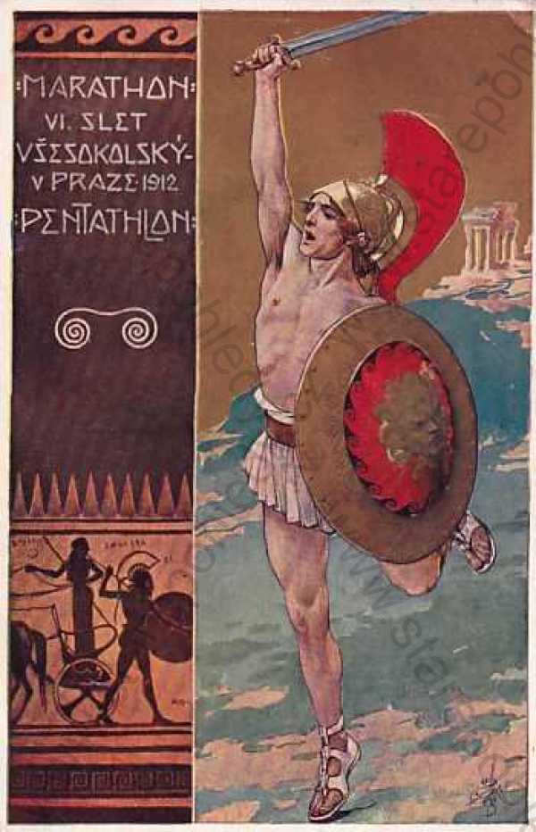  - Sokol, Marathon, VI. slet, Praha 1912, Pentathlon, Antika, barevná, kresba, Muttich