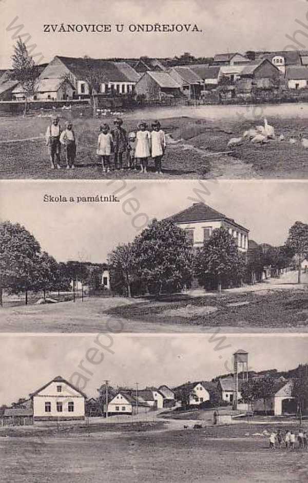  - Zvánovice (Praha - východ), různé pohledy, náves, škola a památník