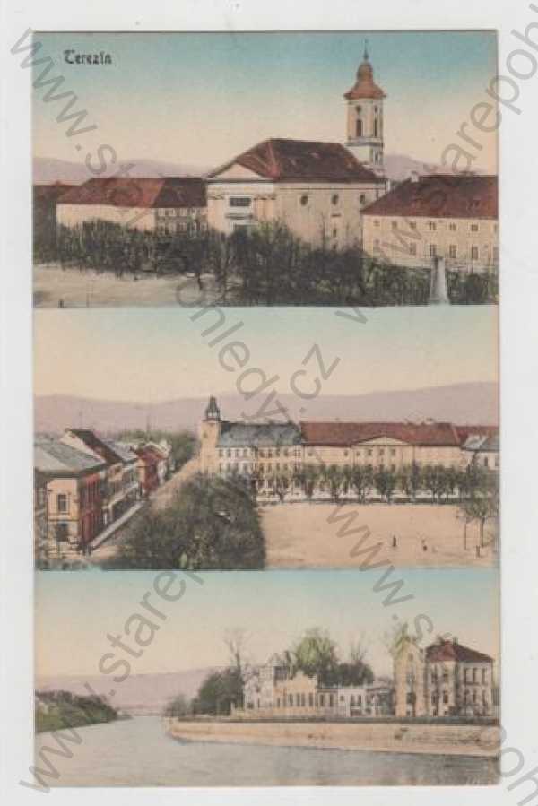  - Terezín (Litoměřice), více záběrů, náměstí, řeka, kostel, kolorovaná