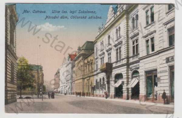  - Ostrava (Mor. Ostrava), pohled ulicí, Sokolovna, Národní dům, záložna, kolorovaná