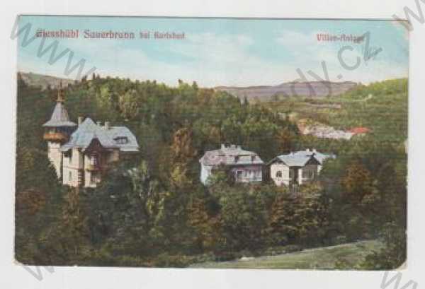  - Kyselka (Sauerbrunn) - Karlovy Vary, vila, částečný záběr města, kolorovaná