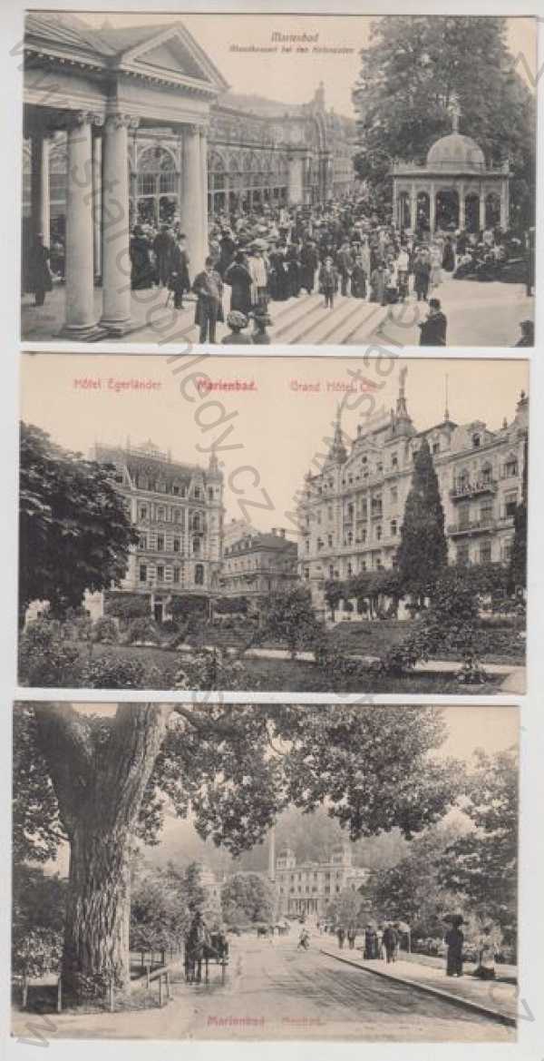  - 3x Mariánské lázně (Marienbad) - Cheb, kolonáda, hotel, pohled ulicí, kůň, kočár