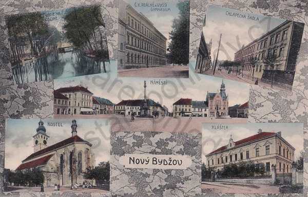  - Nový Bydžov (Hradec Králové) náměstí, radnice, gymnázium, škola, kostel, barevná