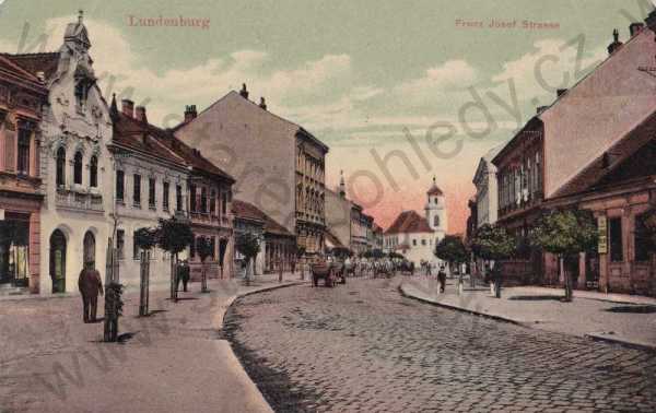  - Břeclav, Lundenburg, kolorovaná, ulice, kostel, obchody