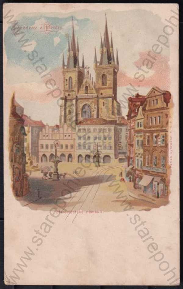  - Staroměstské náměstí (Praha 1) , barevná, DA, radnice, orloj kůň, Mariánský sloup