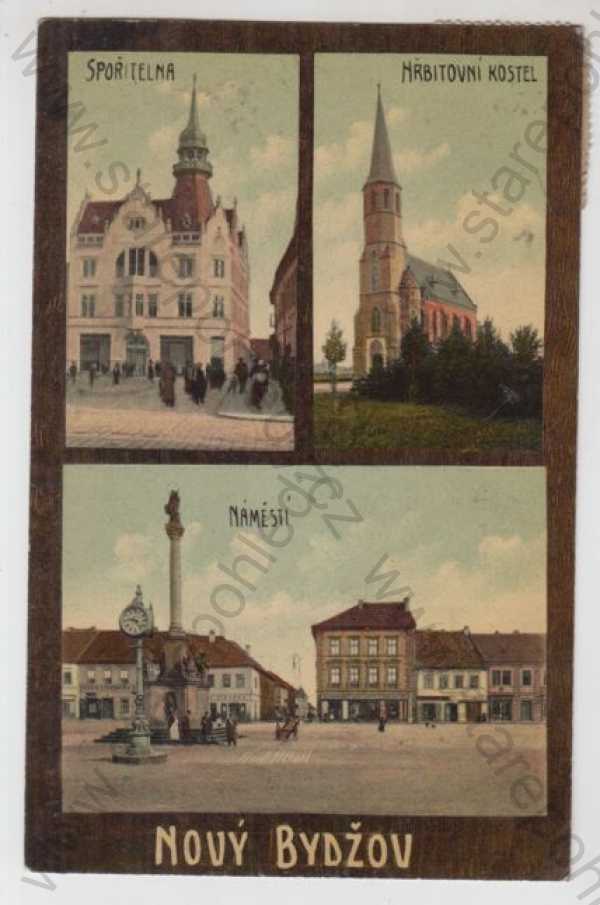  - Nový Bydžov (Hradec Králové), více záběrů, spořitelna, kostel, náměstí, kolorovaná