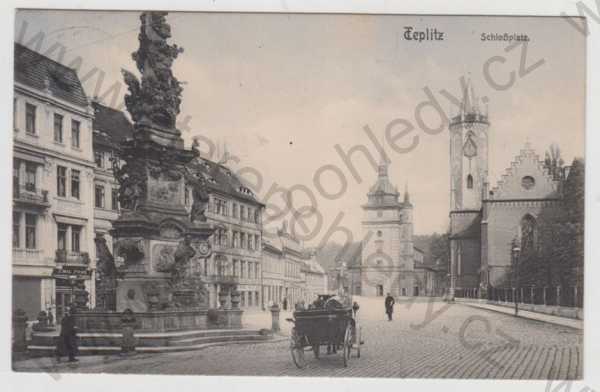  - Teplice (Teplitz), náměstí, kůň, kočár, socha