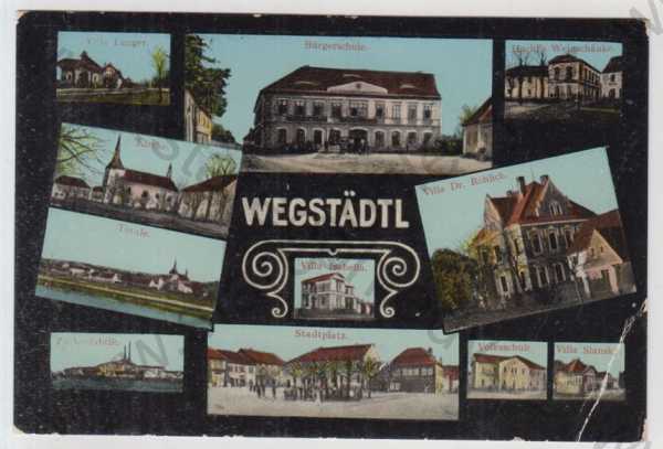  - Štětí (Wegstädtl) - Litoměřice, více záběrů, vila, škola, kostel, celkový pohled, továrna, náměstí, kolorovaná, koláž