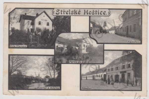  - Střelské Hoštice (Strakonice), více záběrů, Vila Marga, náměstí, partie, Otava, kostel, mlýn