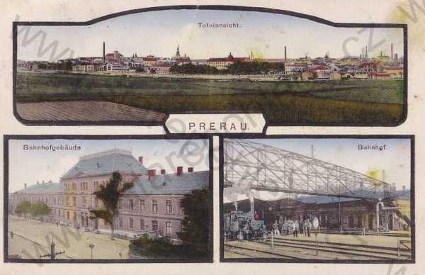  - Přerov - Prerau, více záběrů: nádraží, celkový pohled, vlak, barevná