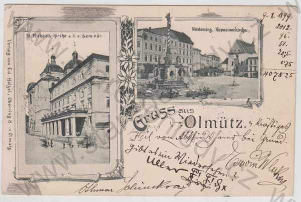  - Olomouc (Olmütz), více záběrů, kostel, pohled ulicí, náměstí, sloup, socha, DA