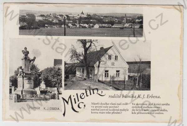  - Miletín (Jičín), více záběrů, celkový pohled, K.J. Erben, pomník, rodiště, rodný dům