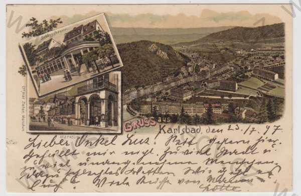  - Karlovy Vary (Karlsbad), více záběrů, celkový pohled, pramen, kolorovaná, koláž, DA