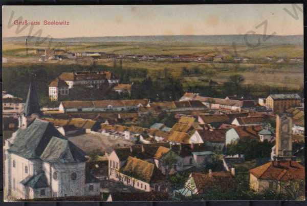  - Židlochovice (Brno-venkov), barevná, částečný záběr města, kostel, zámek