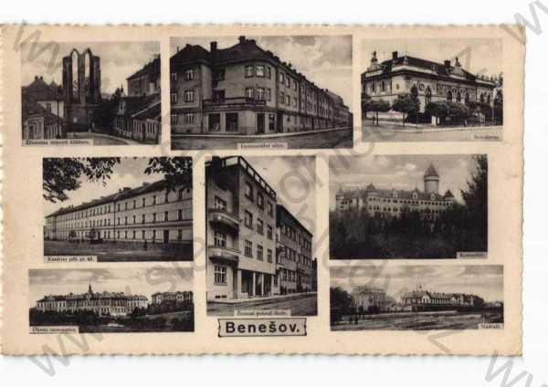  - Benešov, více záběrů, pohled ulicí, škola, sokolovna, nemocnice, klášter
