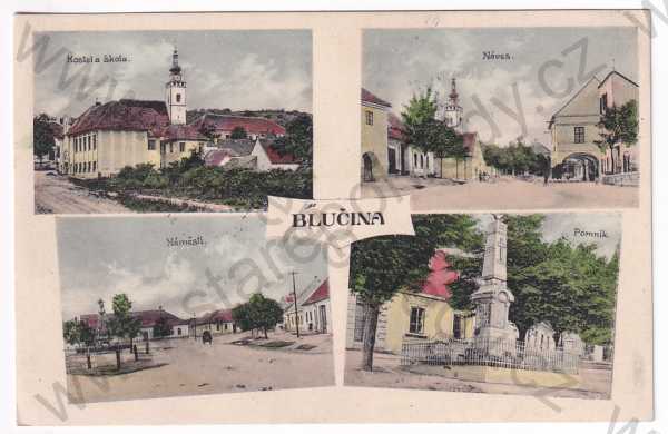  - Brno Blučina - kostel a škola, náves, náměstí, pomník, koláž, kolorovaná