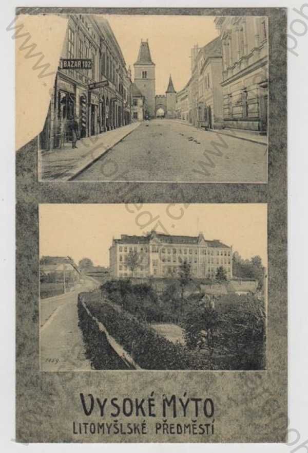  - Vysoké Mýto (Ústí nad Orlicí), Litomyšlské předměstí, více záběrů, pohled ulicí, brána