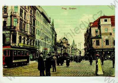  - Praha - Příkopy, pohled ulicí, obchody, Café Wien, kavárna Edison, TRAMVAJ, kolorovaná
