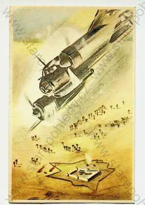  - 2. světová válka - Německý útok v Lybii - letadlo, kolorovaná
