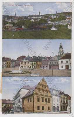  - Bruntál (Freudenthal), více záběrů, celkový pohled, náměstí, muzeum, pošta, kolorovaná