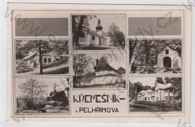  - Křemešník (Pelhřimov), více záběrů, kostel, pohled ulicí, kříž, částečný záběr města, Grafo Čuda Holice