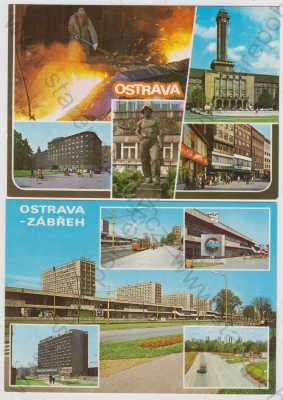  - 2x Ostrava, ocelárny, radnice, věž, Hotel Imperial, pohled ulicí, obchod, reklama, Zábřeh, tramvaj, sídliště, průmyslové závody