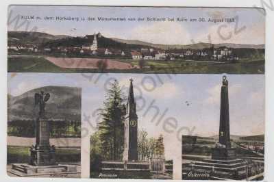  - Chlumec (Kulm) - Ústí nad Labem, více záběrů, celkový pohled, pomník, Bitva u Chlumce 1813, kolorovaná