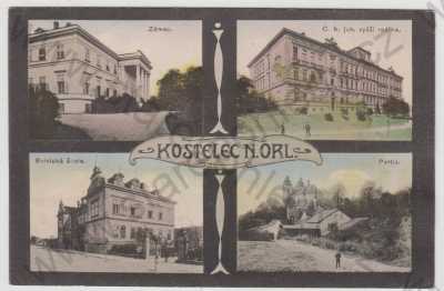  - Kostelec nad Orlicí (Rychnov nad Kněžnou), více záběrů, zámek, škola, partie, kolorovaná