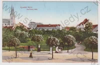  - Vysoké Mýto (Ústí nad Orlicí), Havlíčkovy sady, kočárek, kostel, část města, kolorovaná