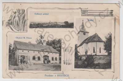  - Bystřice (Benešov), více záběrů, celkový pohled, obchod M. Fišera, kostel, koláž