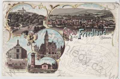  - Frýdlant (Friedlant) - Liberec, více záběrů, celkový pohled, zámek, radnice, rozhledna, kolorovaná, koláž, DA