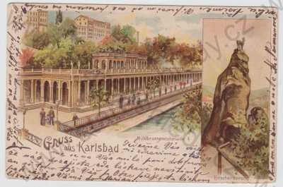  - Karlovy Vary (Karlsbad), více záběrů, kolonáda, Jelení skok, kolorovaná, DA