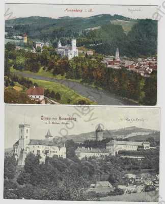  - 2x Rožmberk (Rosenberg) - Český Krumlov, hrad, částečný záběr města, kolorovaná