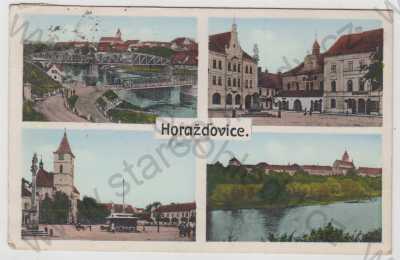  - Horažďovice (Klatovy), více záběrů, most, náměstí, částečný záběr města, kolorovaná