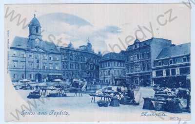  - Teplice (Teplitz), náměstí, tržiště, tramvaj, kůň, DA